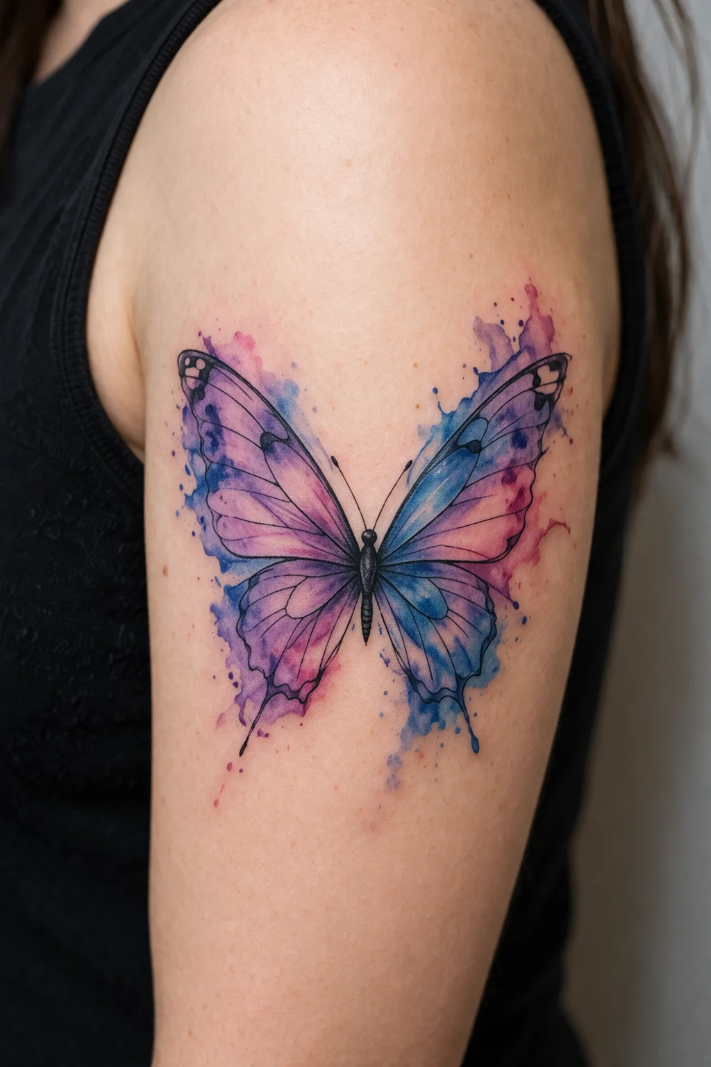 A delicate watercolor butterfly tattoo on a womans upper arm with purple blue and pink gradients and fine black line work