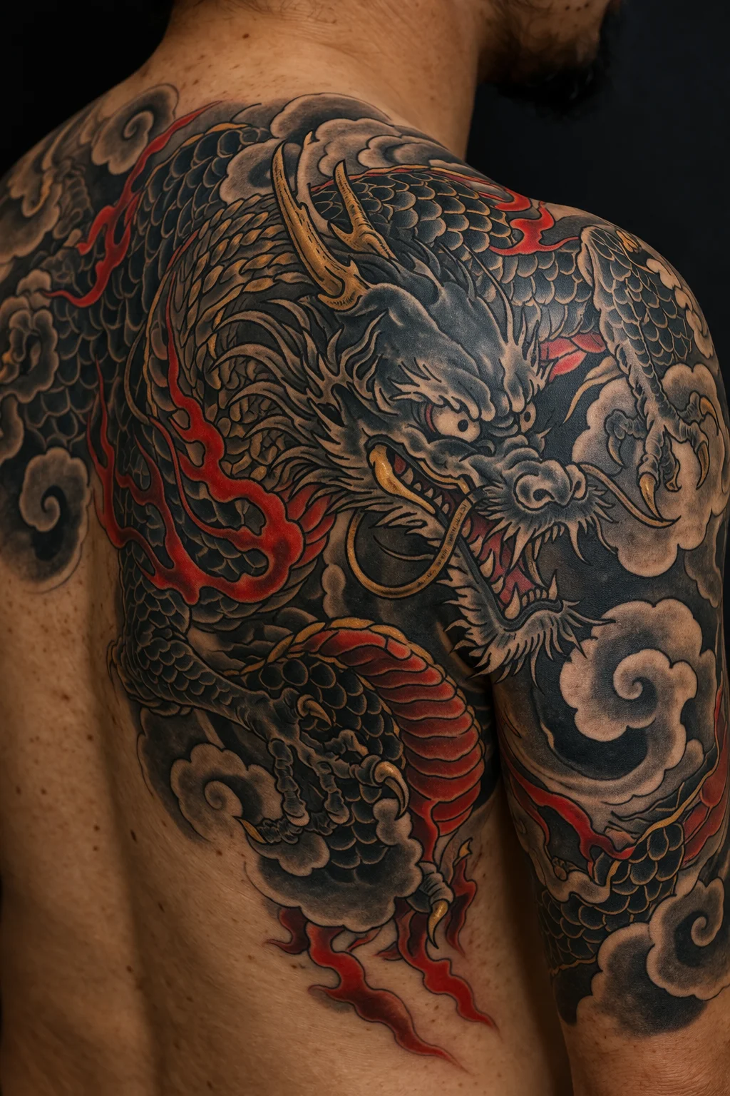 A traditional Japanese Irezumi dragon tattoo wrapping around a mans upper back and shoulder with bold black outlines red and gold accent colors and flowing cloud wisps