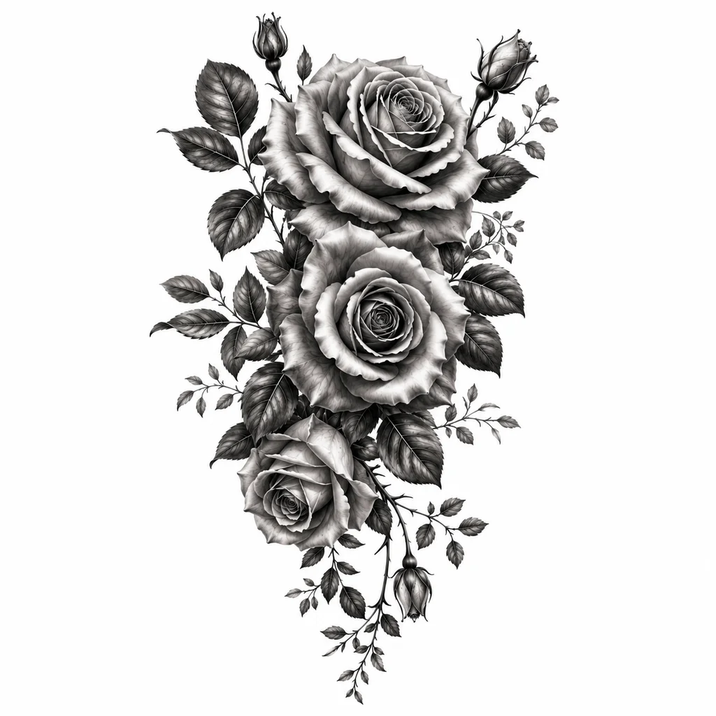 Cascading roses back tattoo with photorealistic detail
