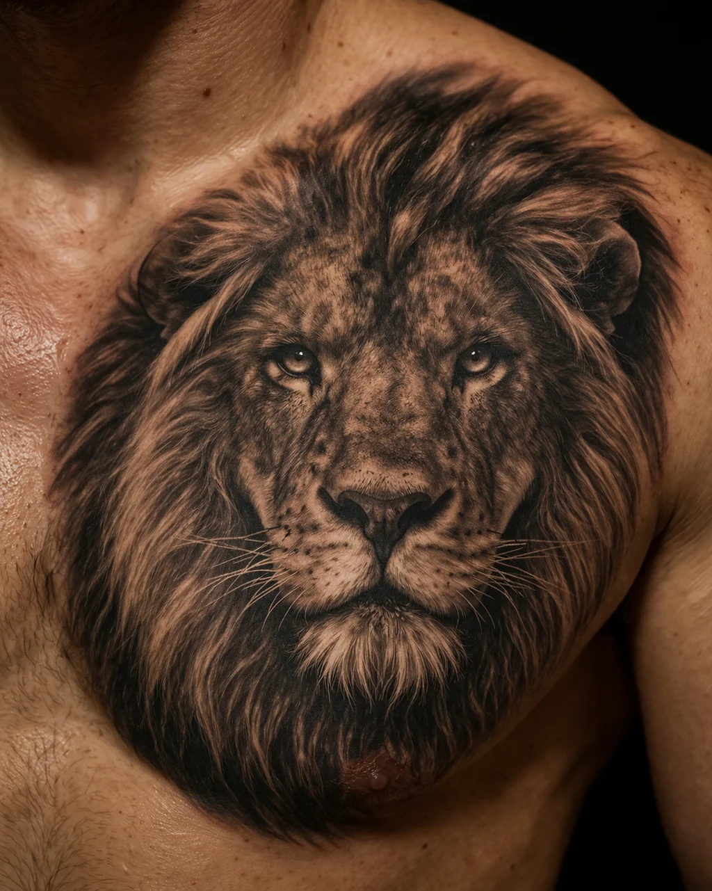 A realistic black and grey lion face tattoo on a mans chest with detailed mane intense eyes and dramatic light and shadow