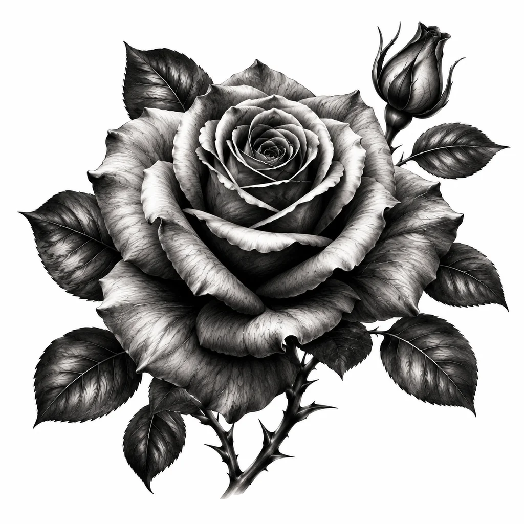 Realistic rose chest tattoo with photorealistic black and grey detail