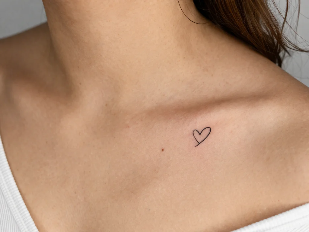 A small minimalist heart outline tattoo on a womans collarbone drawn with a single fine black line