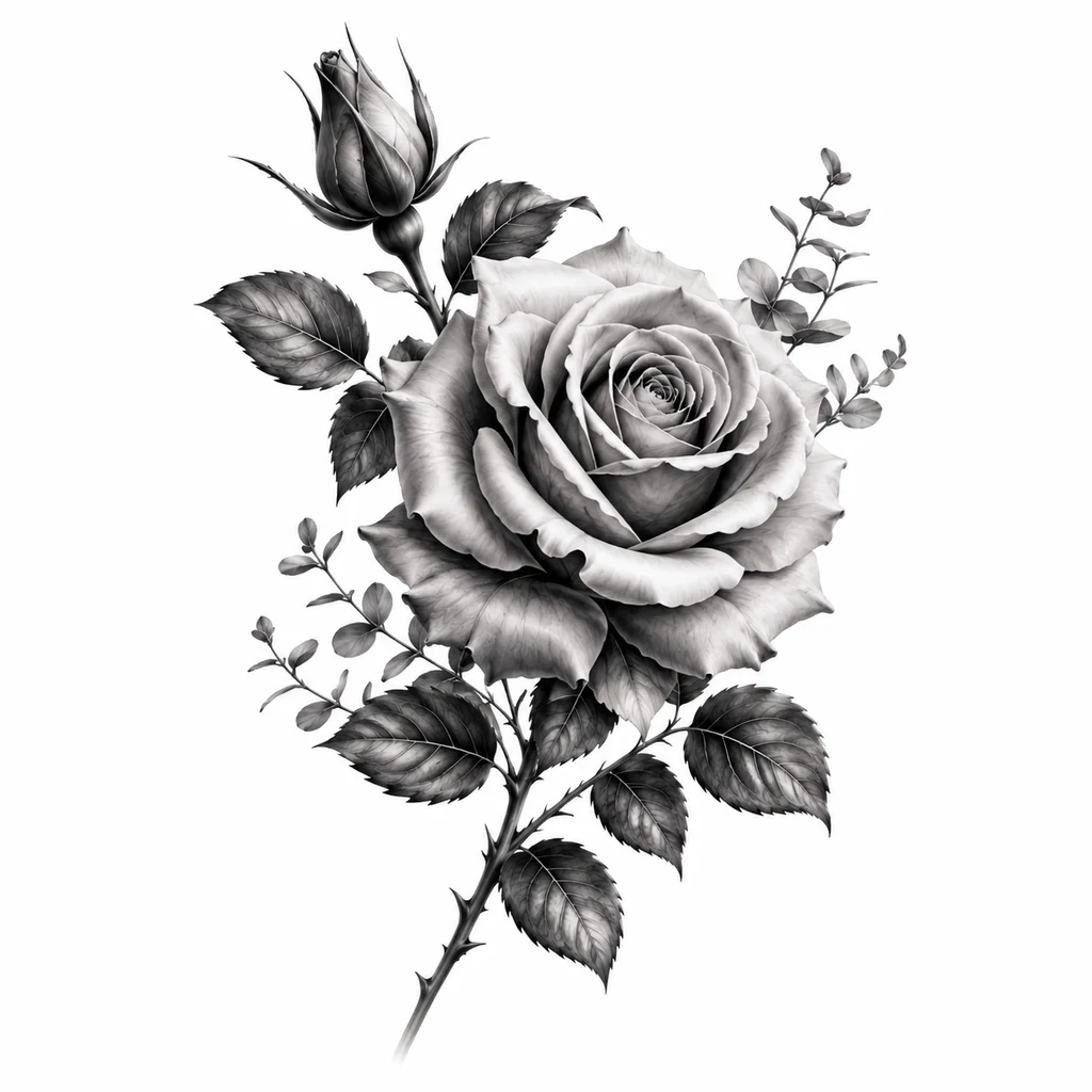 Realistic rose forearm tattoo with botanical leaves and grayscale shading