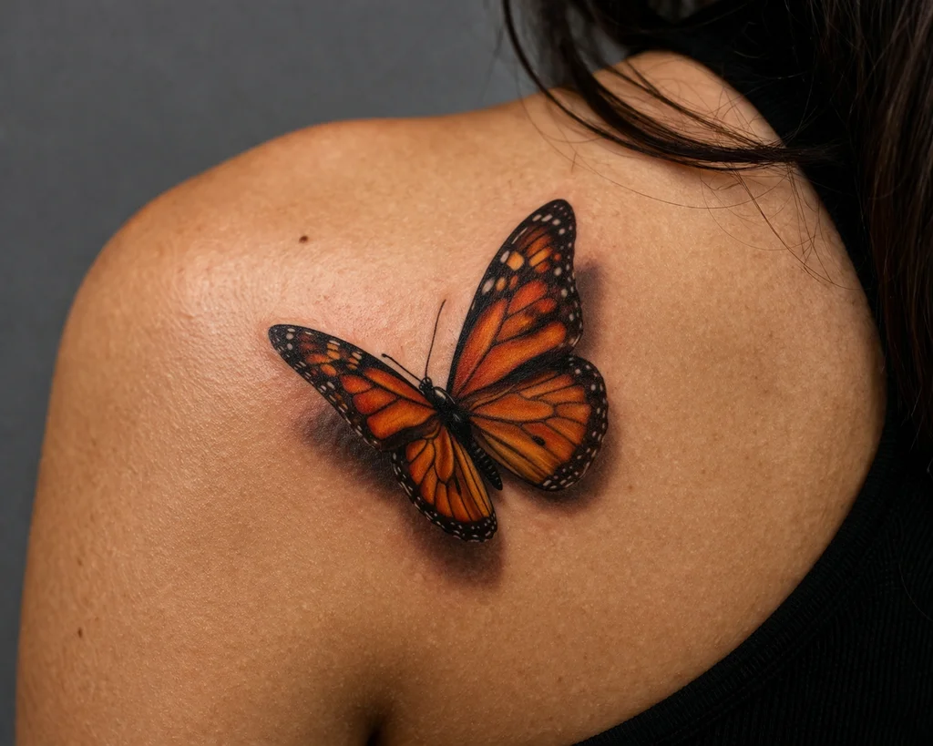 A hyper-realistic 3D monarch butterfly tattoo on a womans shoulder blade with vivid orange and black wings casting a subtle shadow