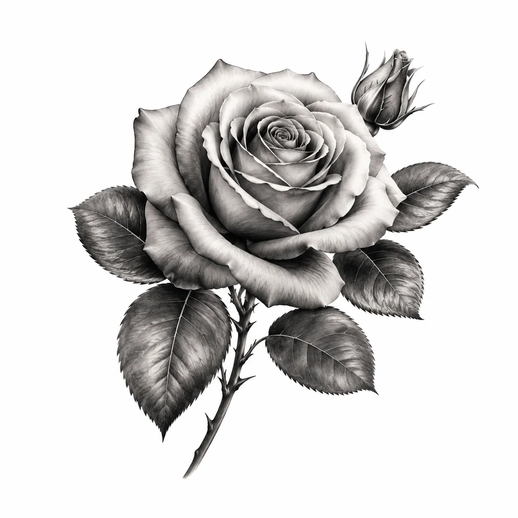 Realistic rose shoulder tattoo with detailed black and grey shading