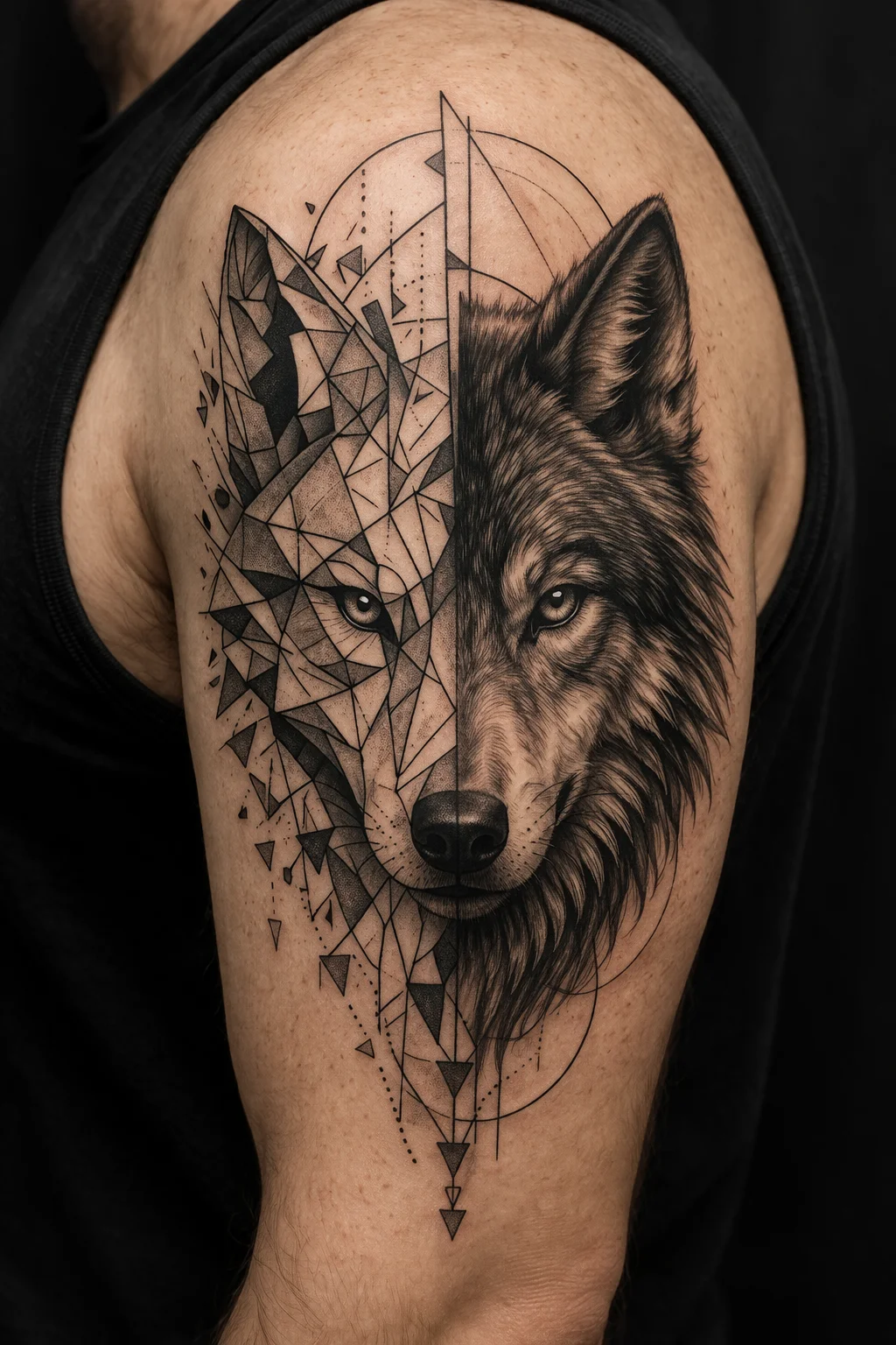A geometric wolf tattoo on a mans upper arm with one half realistic fur detail and the other half dissolving into triangles and polygons in black and grey ink