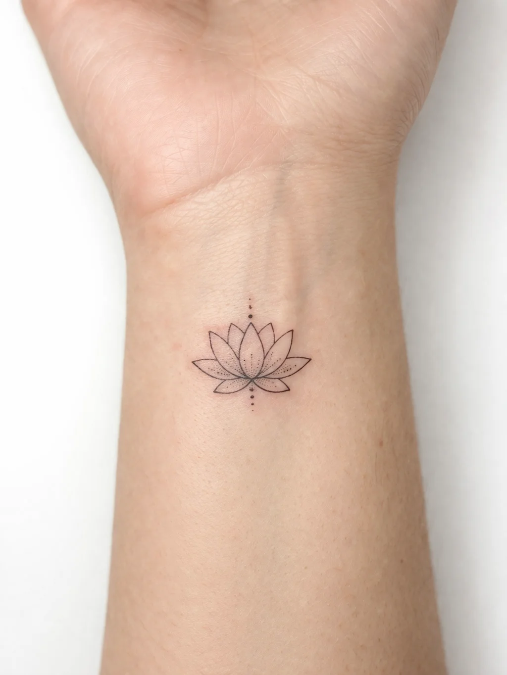 A delicate minimalist lotus flower tattoo on a womans inner wrist with fine black line work and subtle dotwork details