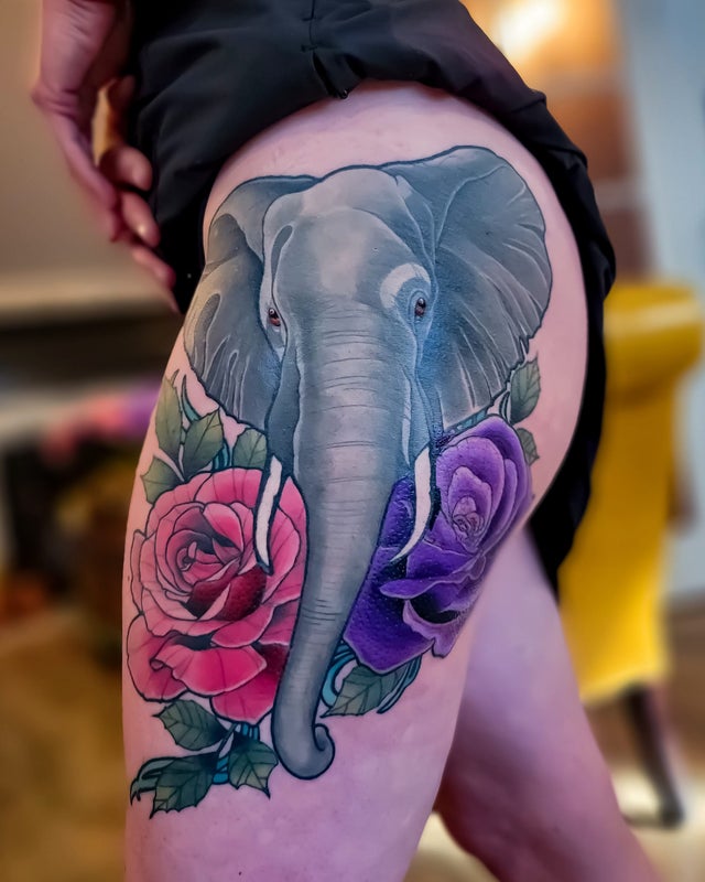 Elephant Thigh Tattoo by Dave Wah