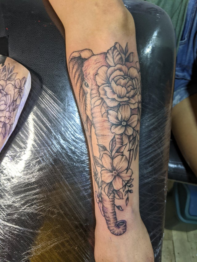 Elephant Rose and Clock tattoo by Ron Goulet TattooNOW