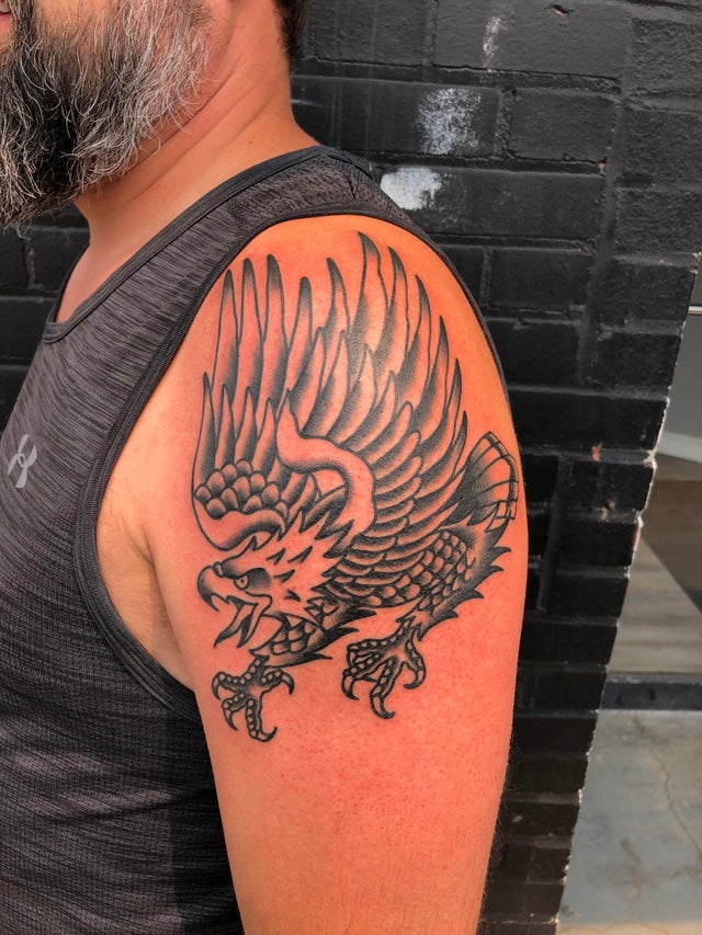 Traditional American Eagle Crest Arrows Tattoo on Shoulder  Joe Haasch  Tattoo