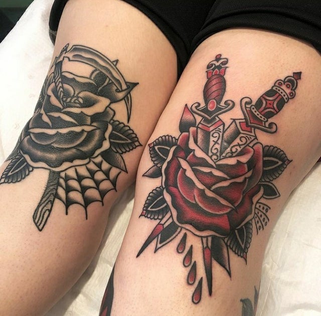 G Funk Tattoo  Roses on the knees of one tough lady lunakahlo Shout out  to all the tough customers who make our jobs easy gfunktattoo  thefalltattooing rosetattoo traditionaltattoo kneetattoo eyetattoo  spiderweb 